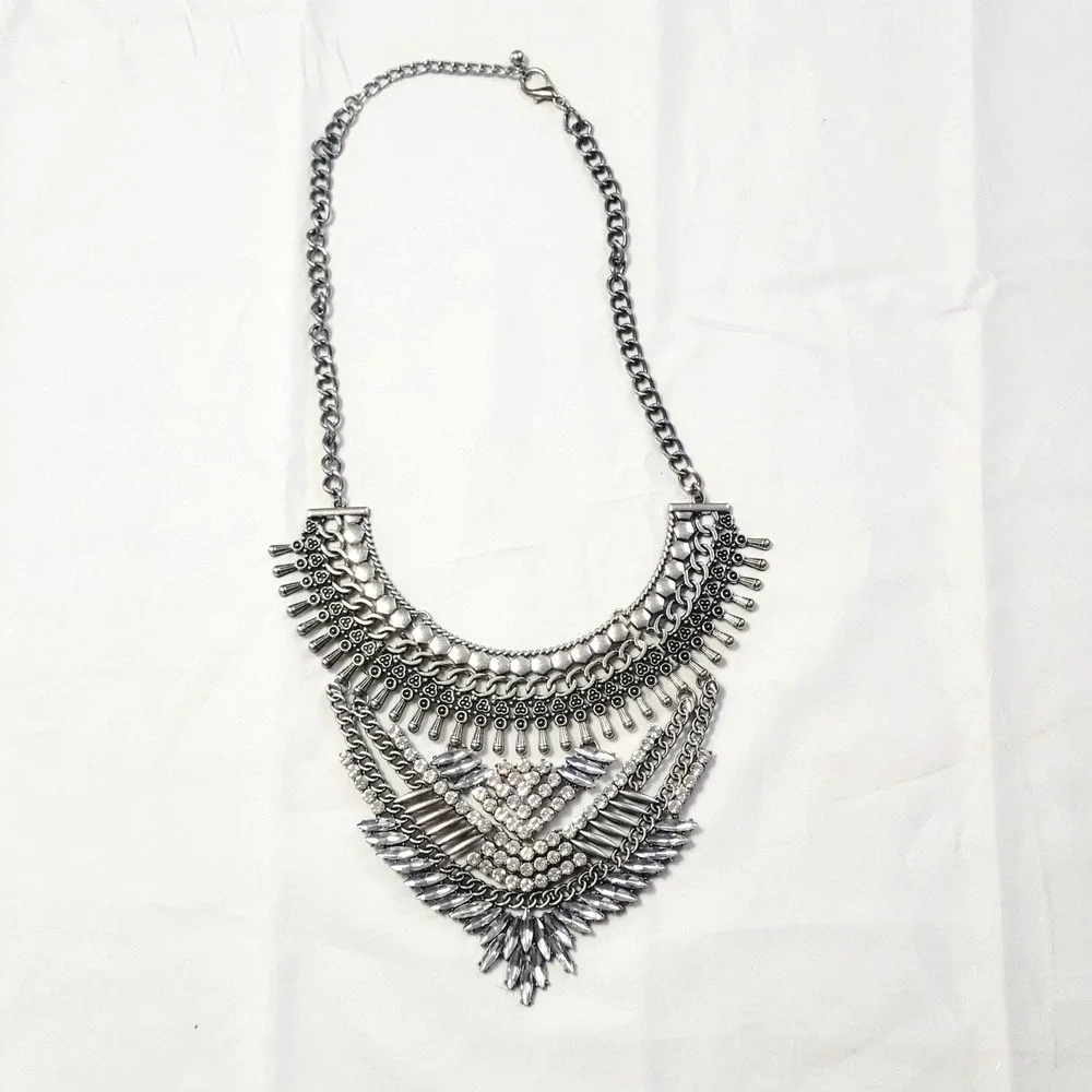 Women's Statement Bib Necklace OS Silver Rhinestone Tiered Boho Crystal U46